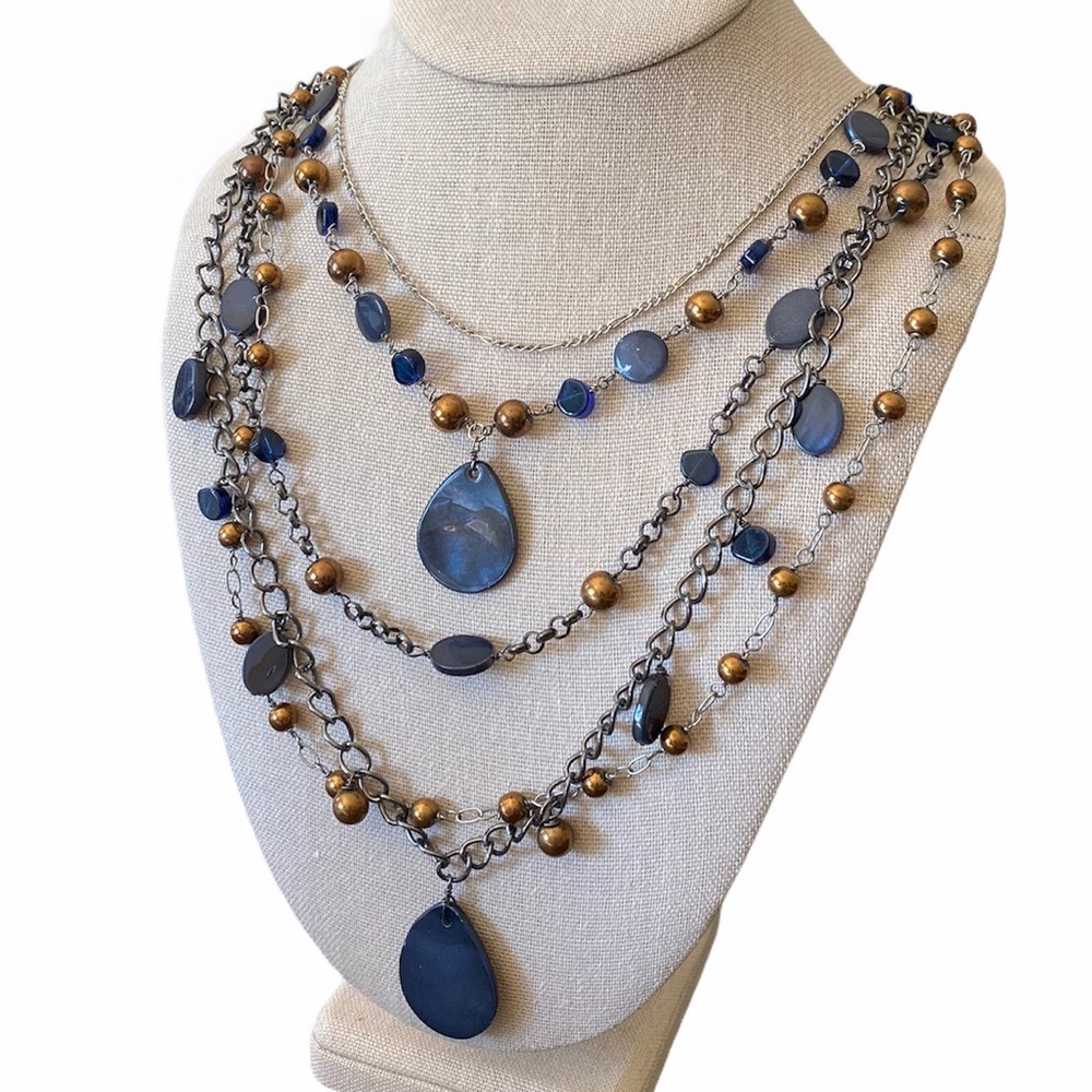 Boho Layered Necklace in Blue & Brown with Shells